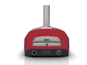Alfa Forni EVO Hybrid-Pizzaofen in Rubin Rot, Frontansicht mit digitalem Display und Kamin